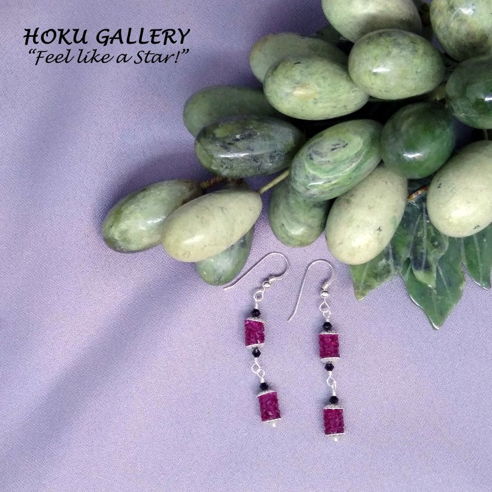 NWOT Fuchsia Swarovski Crystal Fine Rocks Earrings, Handcrafted - 2 1/4" Long